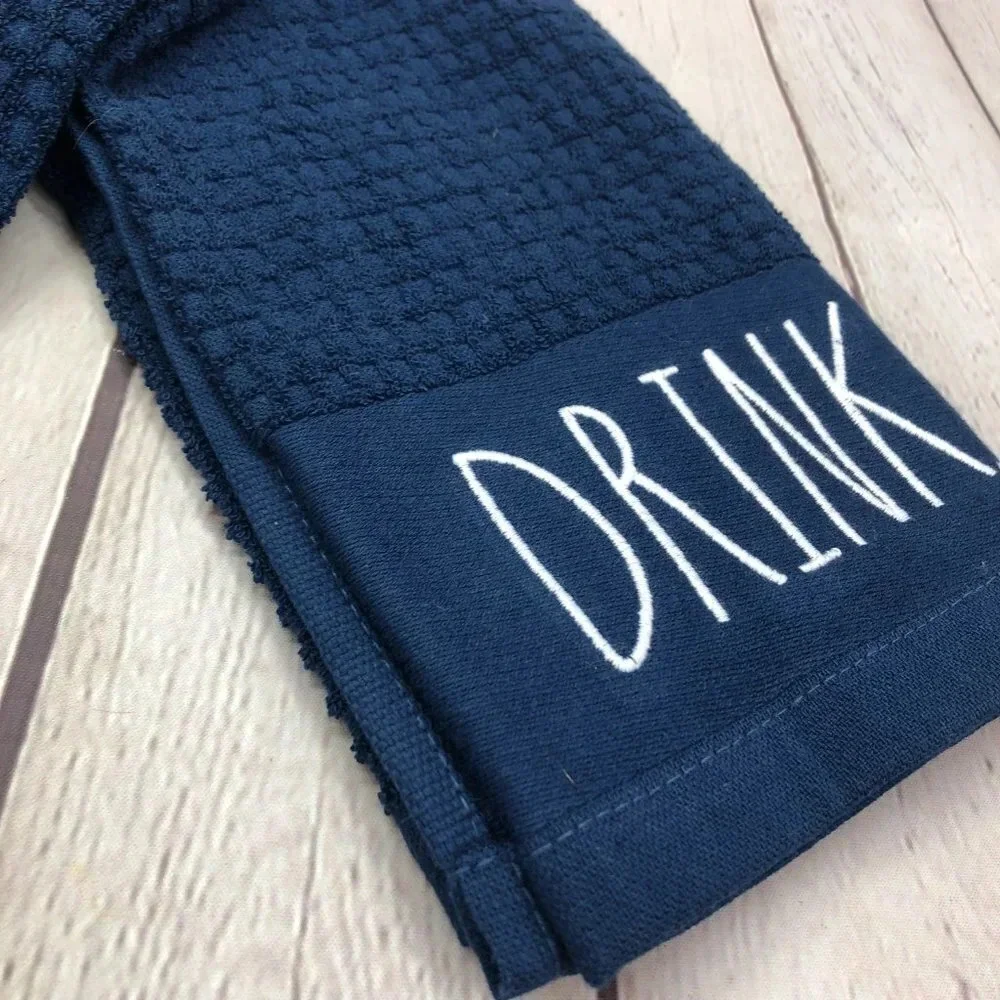 Rae Dunn EAT DRINK navy blue kitchen towel set farm house country classic